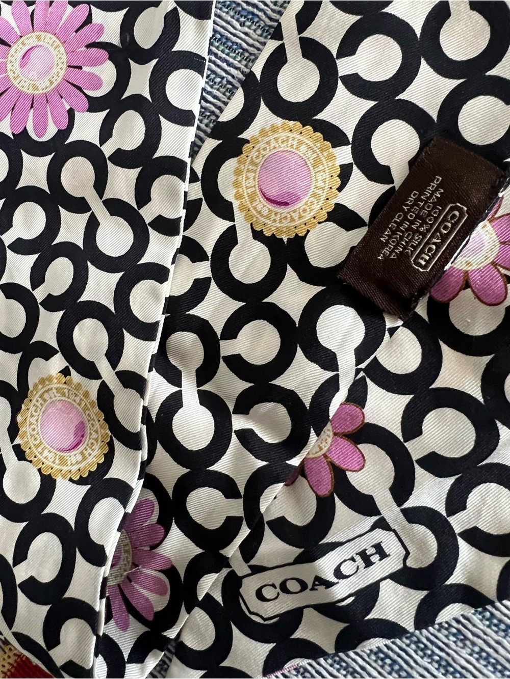 Coach Rare Black & White Logo Silk Scarf with Pink & Gold Floral Accents - Picture 4 of 5